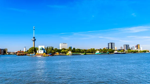 View Tourist Boat Nieuwe Maas River Commercial Buildings Euromast Tower — Stock Photo, Image