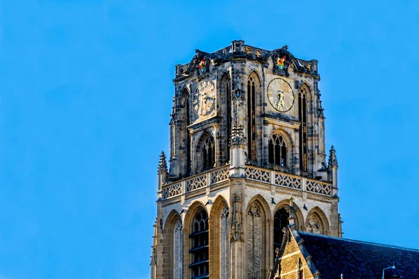 Vrchol Věže Středověký Kostel Saint Laurens Centru Rotterdamu Krásné Hodiny — Stock fotografie