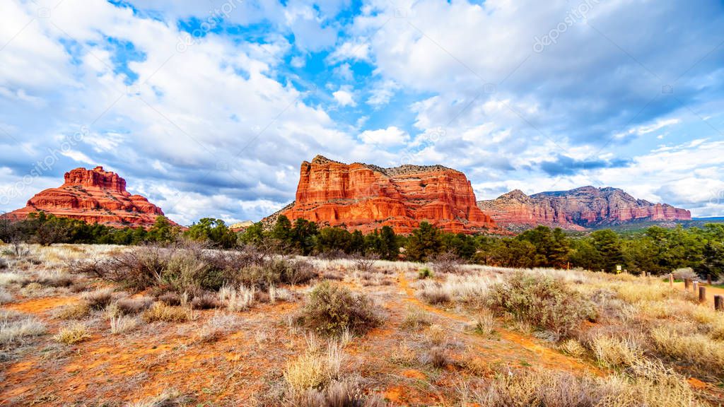 The red rock mountain named Courthouse Butte with Bell Mountain near the city of Sedona in Northern Arizona in Coconino National Forest, United States of America