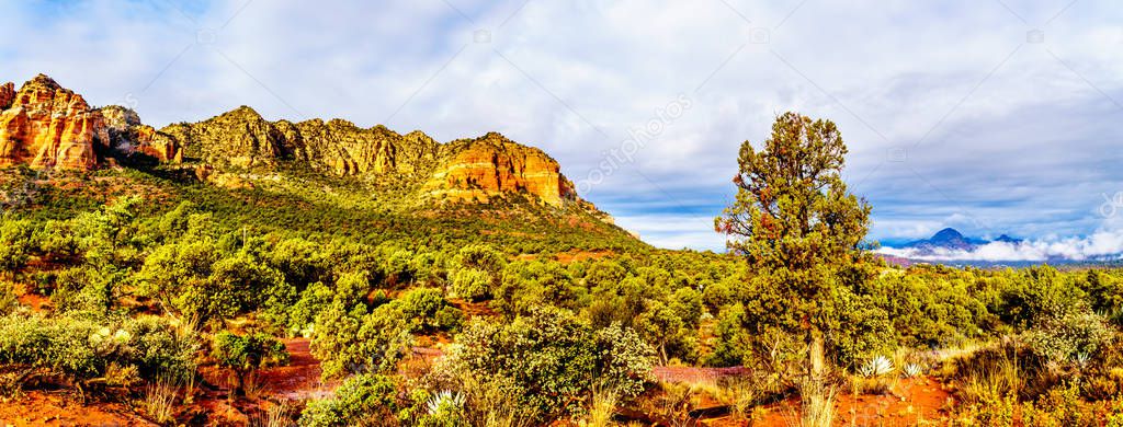 Colorful Cathedral Rock and other red rock mountains between the Village of Oak Creek and Sedona in northern Arizona in Coconino National Forest, United States of America