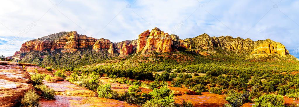 Panorama of the colorful sandstone of Cathedral Rock between the Village of Oak Creek and Sedona in northern Arizona in Coconino National Forest, United States of America