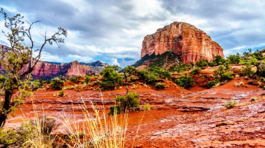 Sağanak yağmur, akarsu ve Adliye Butte'da köyü Oak Creek ve Sedona Kuzey Arizona'nın Coconino Ulusal Ormanı, ABD içinde arasında ünlü kırmızı taş oluşturan su birikintileri sonra