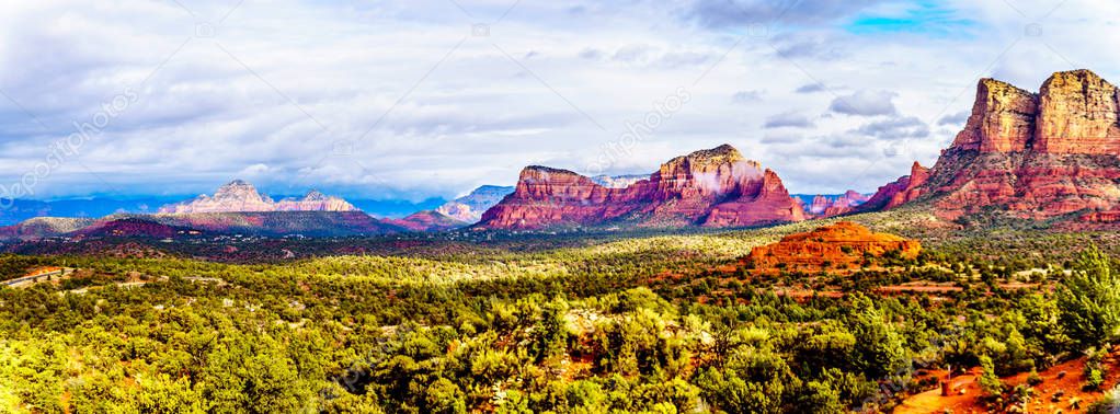 Panorama showing Streams and Puddles on the Red Rocks in Munds Mountain Wilderness after a heavy rainfall near the town of Sedona in northern Arizona in Coconino National Forest, USA