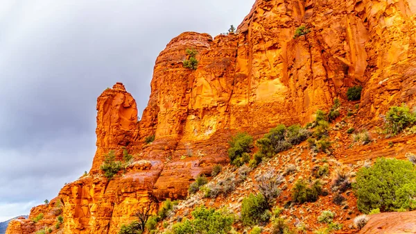 Geological Formations Red Sandstone Buttes Surrounding Chapel Holy Cross Carved — Stock Photo, Image