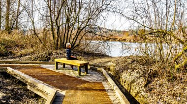 Kıdemli kadın, güzel bir kış gününde Fort Langley, British Columbia, Kanada yakınlarındaki Glen Valley Bölge Parkı 'nda Poplar Bar Iki-bit Bar iz yürüyüş ahşap bir tezgah üzerinde dinlenme