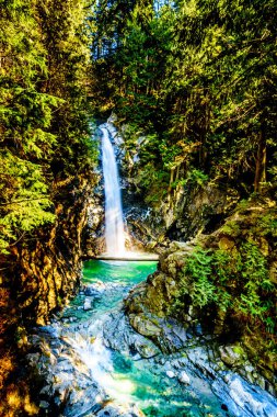 Cascade Falls Bölge Parkı 'nda, British Columbia, Kanada 'da Mission ve Deroche şehirleri arasında yer alan Şelale Şelalesi 'nin turkuaz suları