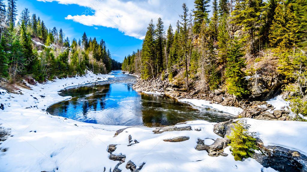 The partly frozen Murtle River after Mushbowl Falls in the Cariboo Mountains of Wells Gray Provincial Park, British Columbia, Canada