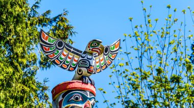 Bir Quolous, efsanevi bir kuş tasvir renkli 'Ga'akstalas Totem Pole' üst. Stanley Park'ın en renkli ve en karmaşık oyulmuş totem direklerinden biri