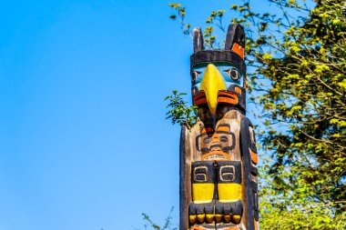  Renkli 'Oscar Maltipi Totem Pole' bir Thunderbird tasvir üst. Totem direği Stanley Park, Vancouver, Kanada'da bulunmaktadır