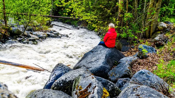 Senior woman watching the turbulent waters of Mcgillivray Creek between the towns of Whitecroft and Sun Peaks in the Shuswap Highlands of the Okanagen region in British Columbia, Canada