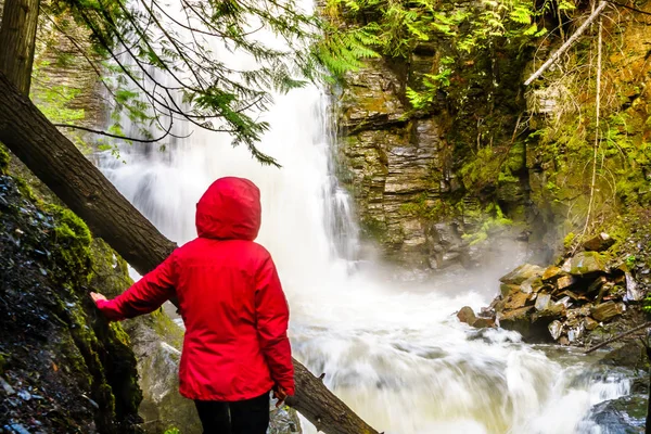 Senior woman watching the Waterfall on Mcgillivray Creek between the towns of Whitecroft and Sun Peaks in the Shuswap Highlands of the Okanagen region in British Columbia, Canada