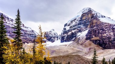 View of peaks in the Rocky Mountains at the Plain of Six Glaciers near the Victoria Glacier. Viewed from the hiking trail from the Teahouse to Plain of Six Glaciers at Lake Louise, Banff National Park clipart