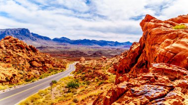 Nevada, ABD'deki Valley of Fire State Park'ta parlak kırmızı Aztek kumtaşı kaya oluşumları