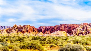 Nevada, ABD'deki Valley of Fire State Park'taki White Dome Trail boyunca renkli kırmızı, sarı ve beyaz kumtaşı kaya oluşumları