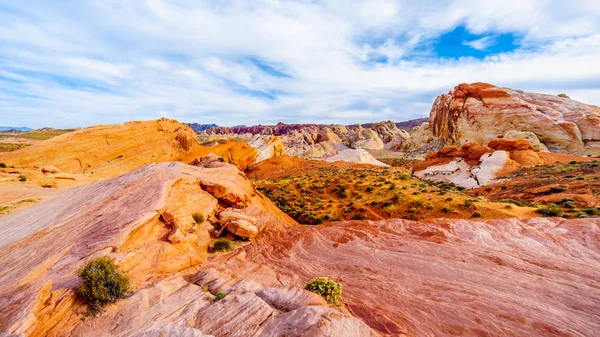 Nevada, ABD'deki Valley of Fire State Park'taki White Dome Trail boyunca renkli kırmızı, sarı ve beyaz kumtaşı kaya oluşumları