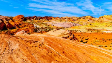 Nevada, ABD'deki Valley of Fire State Park'taki Fire Wave Trail boyunca renkli kırmızı, sarı ve beyaz bantlı kaya oluşumları