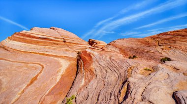 Nevada, ABD'deki Valley of Fire State Park'taki Fire Wave Trail boyunca renkli kırmızı, sarı ve beyaz bantlı kaya oluşumları