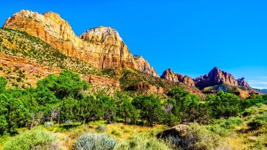 Bekçi ve Köprü Dağı, Utah, Usa 'daki Zion Ulusal Parkı' ndaki Virgin Nehri 'ni takip ederken Pa' rus Yolu 'ndan görüldü.