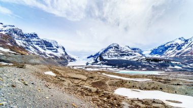 İlkbahar zamanı Kanada, Alberta 'daki Jasper Ulusal Parkı' ndaki Columbia Buzulları manzarası. Soldaki ünlü Athabasca Buzulu. Buzulun dibinde turkuaz bir buzul gölü var.