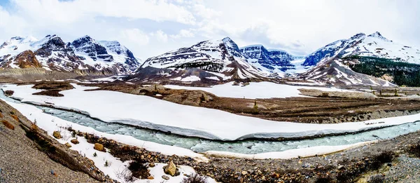 コロンビア氷原のアサバスカ氷河とドーム氷河のパノラマビュー春の時期にカナダのアルバータ州ジャスパー国立公園のアサバスカ川に流れ込む氷原 — ストック写真