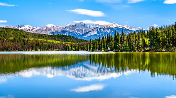 Refleksja Nad Łańcuchem Górskim Colin Jeziorze Pyramid Parku Narodowym Jasper — Zdjęcie stockowe