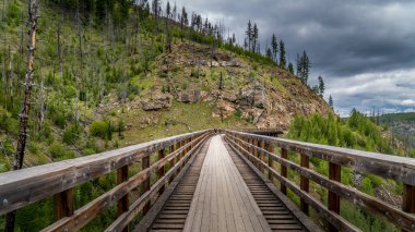 Kelowna, British Columbia, Kanada yakınlarındaki Myra Kanyonu 'ndaki terk edilmiş Kettle Vadisi Demiryolu' nun Tahta Köprüleri üzerinde bisiklet sürüyor.