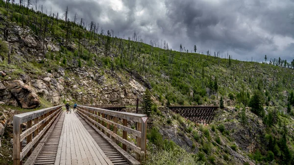 Jazda Rowerze Drewnianych Mostach Kolejowych Opuszczonej Kettle Valley Railway Myra — Zdjęcie stockowe