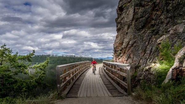 Biking Wooden Trestle Bridges Abandoned Kettle Valley Railway Myra Canyon — Stock Photo, Image