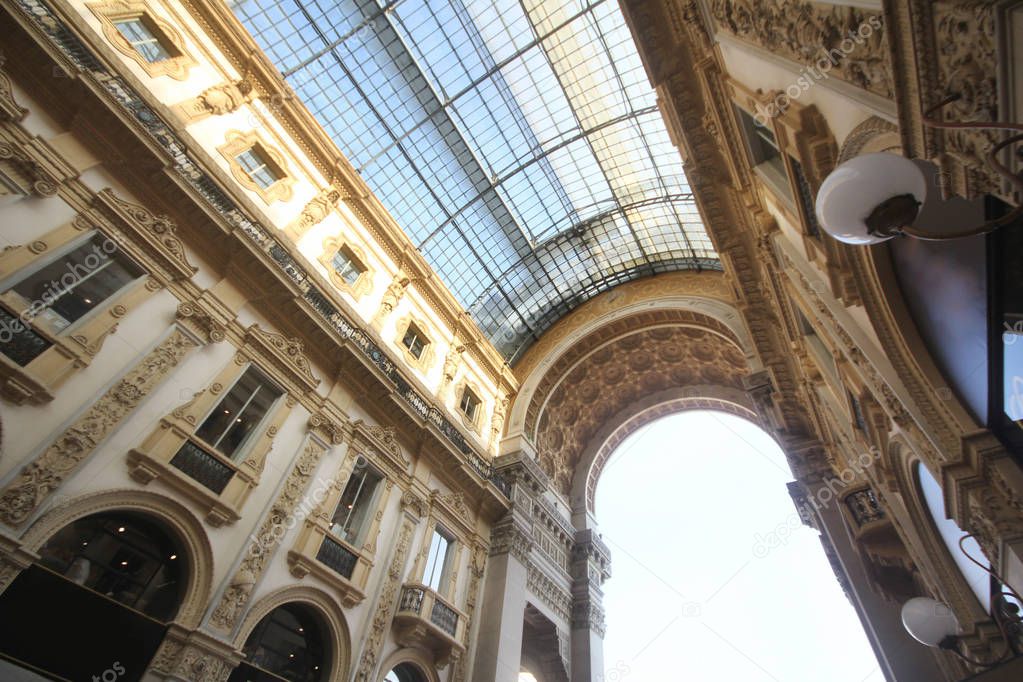 Marvellous interior decoration design of The Galleria Vittorio Emanuele II in Milan, Italy, The oldest shopping mall of Milan. The shopping mall was named after Victor Emmanuel II, first king of Italy. travel destination backgrounds