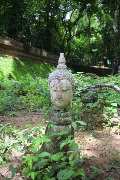 Nahaufnahme Ruinierte Antike Steinerne Buddha Statue Mit Moos Bedeckt Traditionellen — Stockfoto