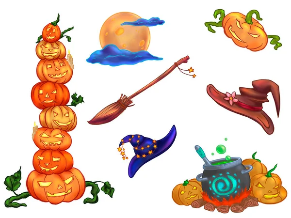 Хеллоуїн Вечірка Set Pumpkins Couldron Broom Повний Місяць Шапки Відьом — стокове фото