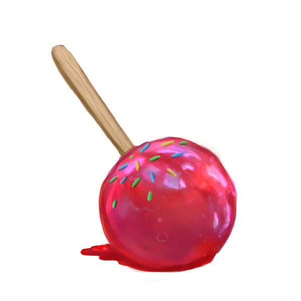 Red traditional caramel apple on stick — Stock Photo, Image