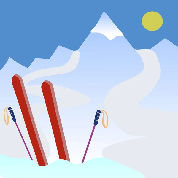 Vector art ski resort with mountain and skis — Stock Vector