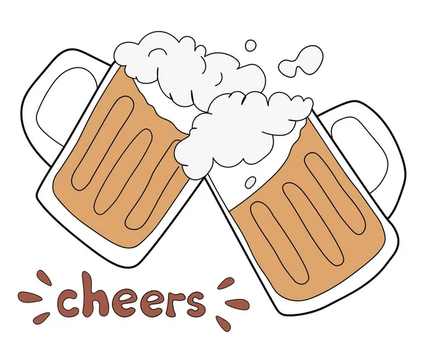 Vector Image Two Glass Mugs Beer Cheers — Stock Vector