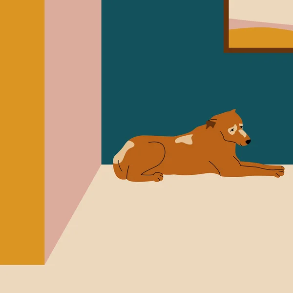 Cão Deitado Canto Sala Ilustração Vetorial — Vetor de Stock