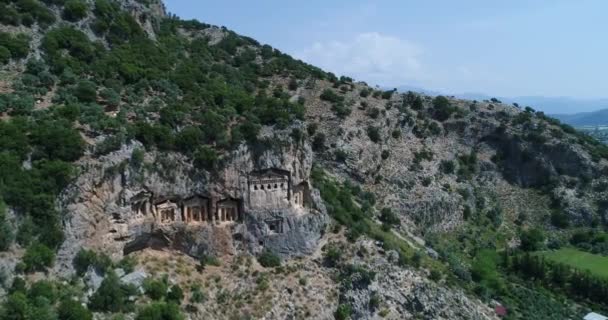 Aéreo Lícia Antiga Seis Túmulos Corte Rocha Dalyan Turquia — Vídeo de Stock
