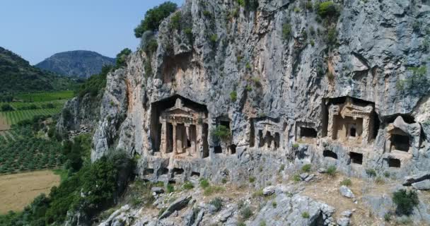 Aerial Ancient Lycian Six Rock Cut Tombs Dalyan Turkey — Stock Video