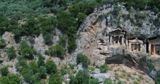 Aerial Ancient Lycian Six Rock Cut Tombs Dalyan Turkey — Stock Video
