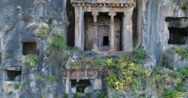 Aerial Ancient Lycian Rock Cut Tombs Fethiye Turkey Camera Moves — Stock Video