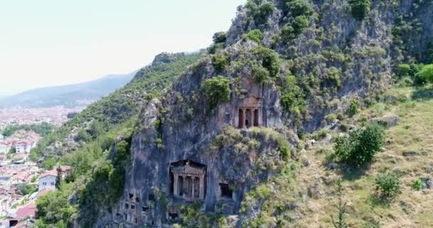 Aerial Ancient Lycian Rock Cut Tombs Fethiye Turkey Camera Moves — Stock Video