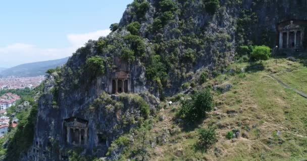 Aereo Antiche Tombe Scavate Nella Roccia Della Licia Fethiye Turchia — Video Stock