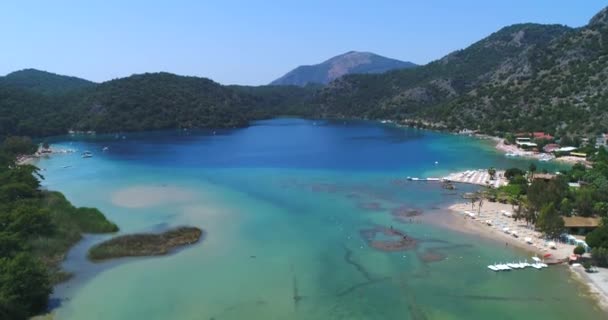 Oludeniz 海滩上空飞行 美丽的海湾与水晶水 土耳其 — 图库视频影像