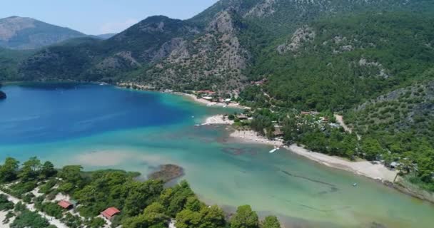 Aerial Flying Oludeniz Beach Beautiful Bay Crystal Water Turkey — Stock Video