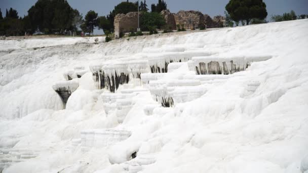 棉花梯田或 棉花城堡 灿烂的白色钙崖 土耳其 — 图库视频影像