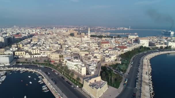 Drohnenaufnahmen Sonnenaufgang Fliegen Über Der Altstadt Von Bari Apulien Italien — Stockvideo