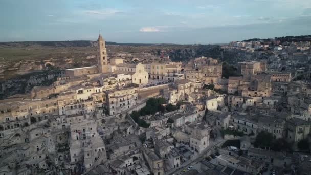 Vista Aérea Matera Espectacular Ciudad Cañón Italia Patrimonio Humanidad — Vídeos de Stock