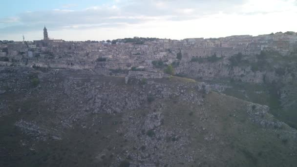 Flygfoto Matera Spektakulära Canyon Stad Italien World Heritage Site — Stockvideo