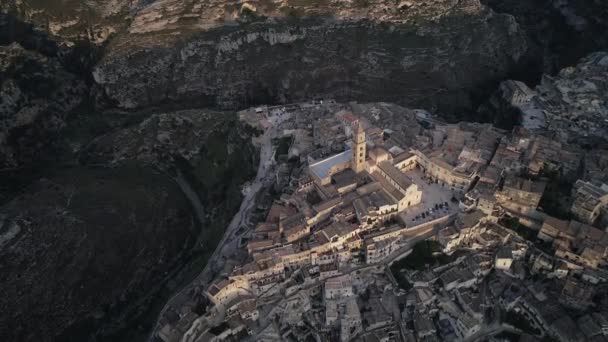 Luchtfoto Matera Spectaculaire Canyon Stad Italië World Heritage Site — Stockvideo