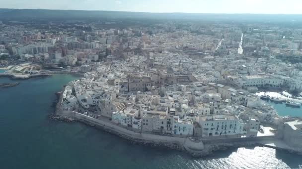 Воздушное Видео Старый Город Монополи Город Адриатическом Море Италия — стоковое видео