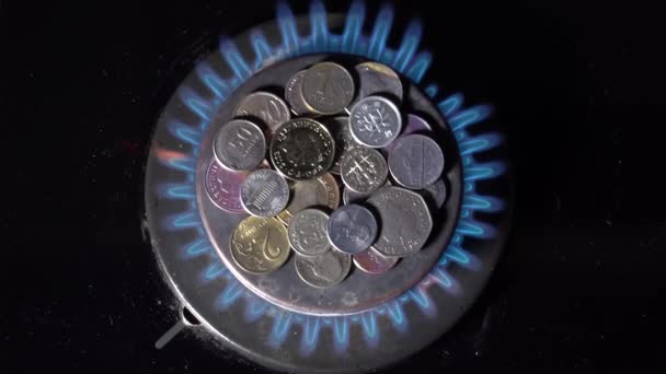 Bir Gaz Brülör Üzerinde Farklı Ülkelerin Para Artan Yakıt Fiyatları — Stok video
